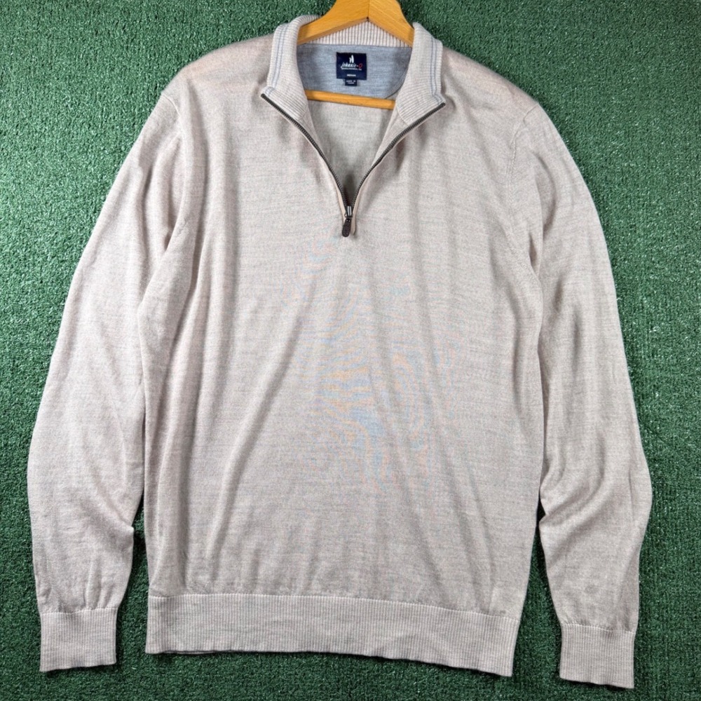 johnnie-O Quarter Zip Pullover Men Medium Beige Merino Wool Lyocell Sweater